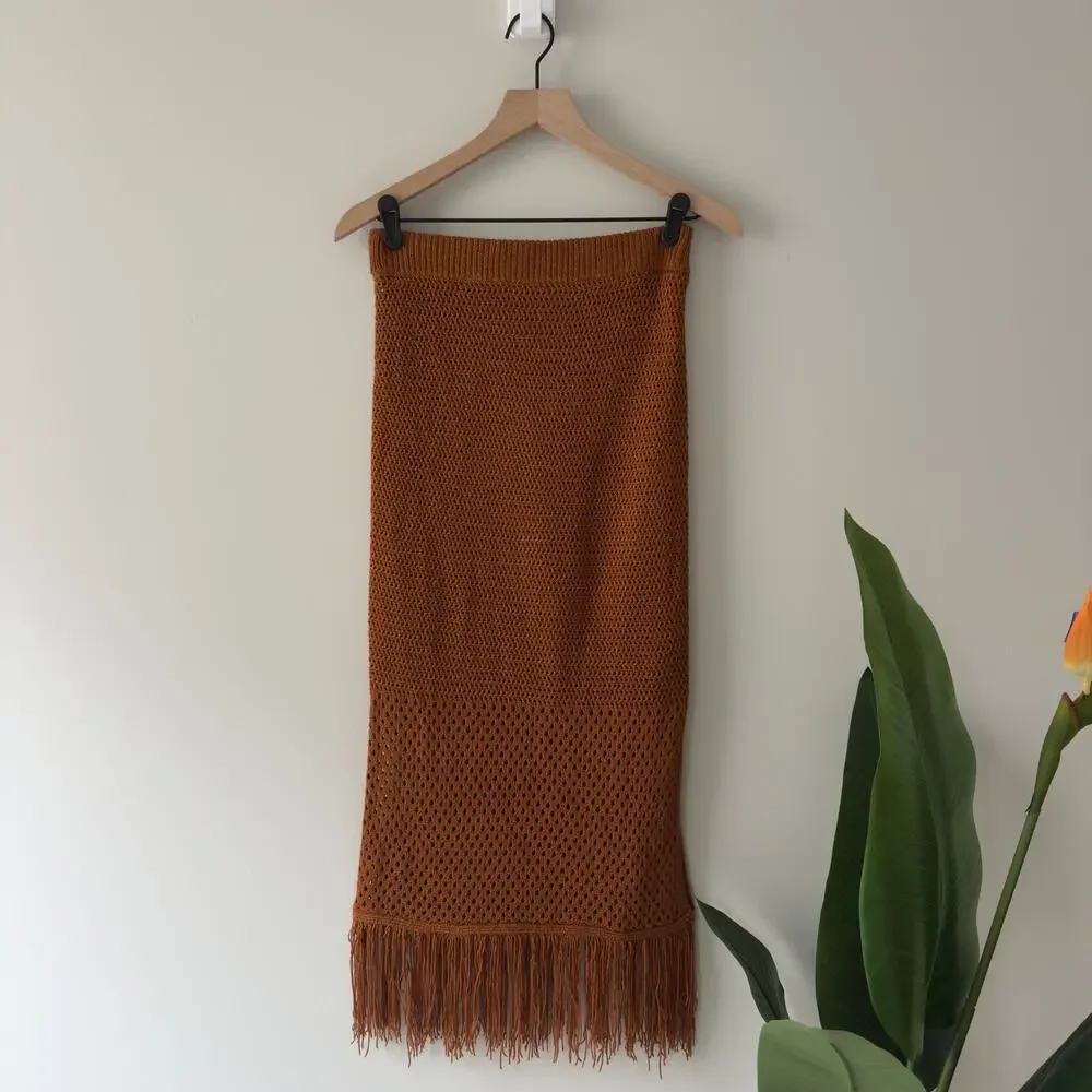 House of Harlow 1960 Revolve Fringe Hem Midi Skirt Elastic waist open knit slit